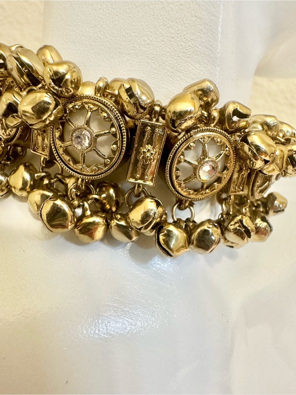 6-7.5” VTG India Gold & Opal White Charm Bell Bracelet (Gold Plating over Brass)